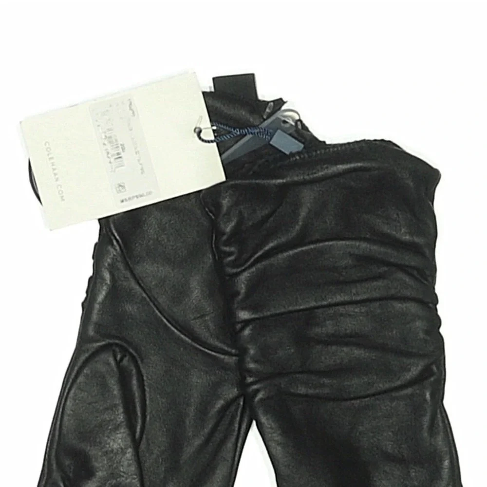 NWT! Cole Haan Womens Black Ruched Leather Gloves Touchscreen Tech Classic Sz S